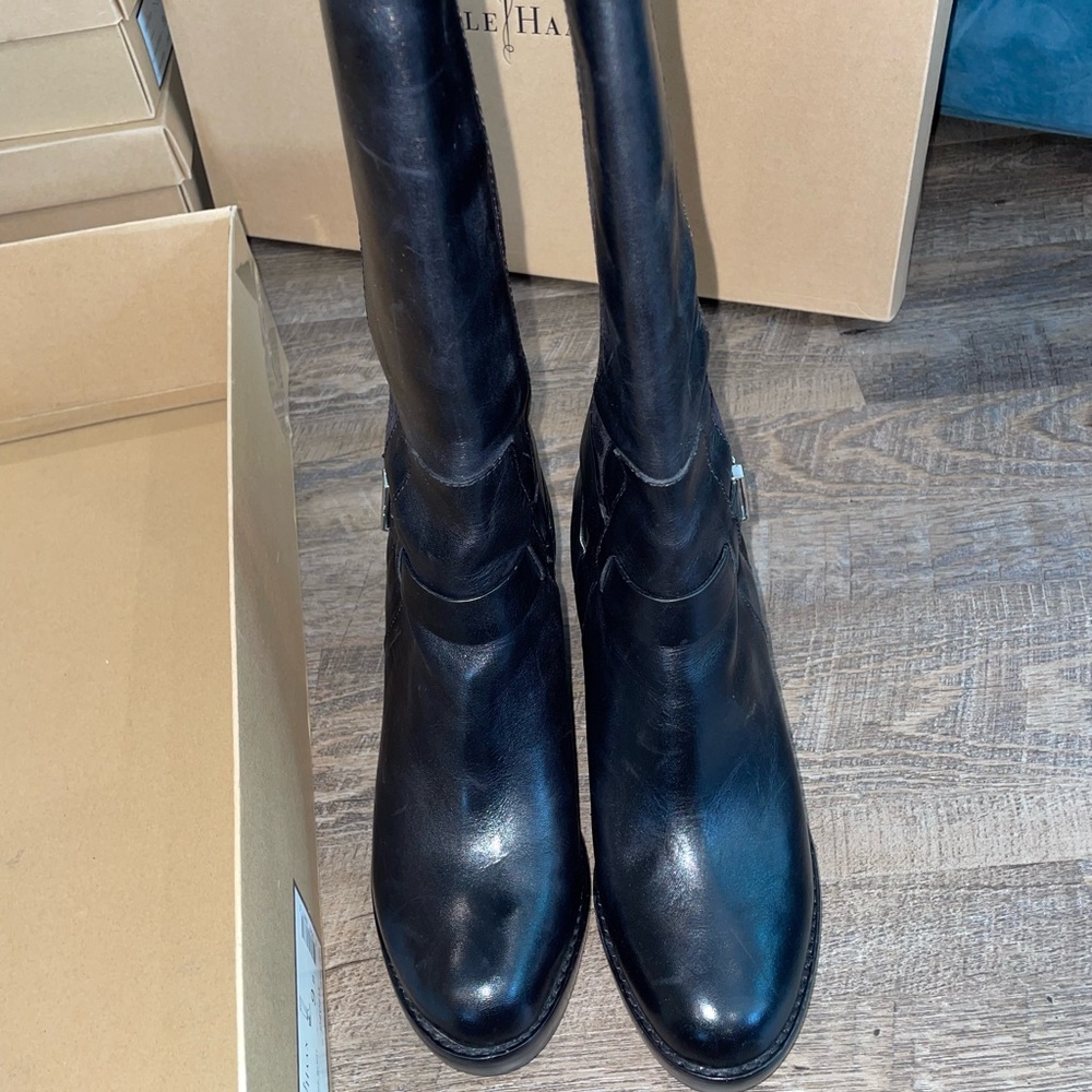 Cole Haan Black Leather and Suede Knee-High Wedge Boots - Picture 8 of 10